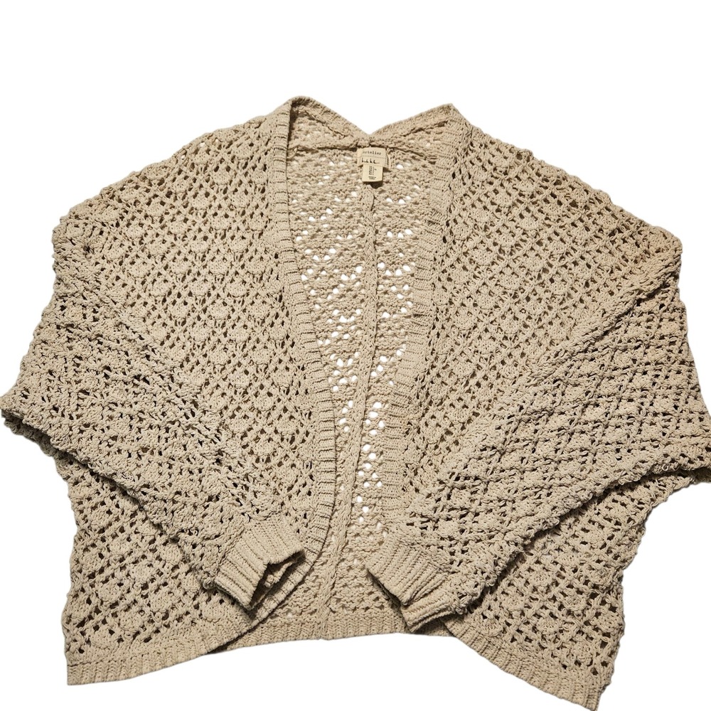 Artelier Nicole Miller Beige Crochet Knit Open Front Cardigan Large L Women